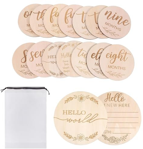 14 Stück Meilensteinkarten Baby Set, 15CM Holz Meilensteinkarten Baby mit 10CM Meilenstein Karten, Hello World Geburtsanzeige Schild für Krankenhaus Foto Requisite Babyparty Geschenk