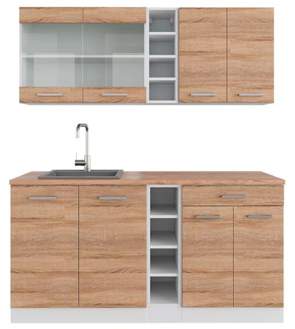Vicco Singleküche R-Line, Sonoma/Weiß, 160 cm | 6 Module · Höhenverstellbare Füße · AP Eiche inkl. · Robuste Fronten · Mit offenen Regalen · Frei kombinierbar