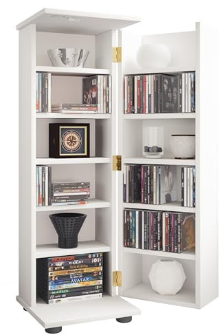 VCM Holz CD DVD Stand Regal | platzsparender CD Schrank mit abschließbarer Holztür für 300 CDs oder 130 DVDs oder 72-Videos | Maße: H. 93 x B. 31 x T. 31 cm | 10 Variable Einlegeböden – Engalo L
