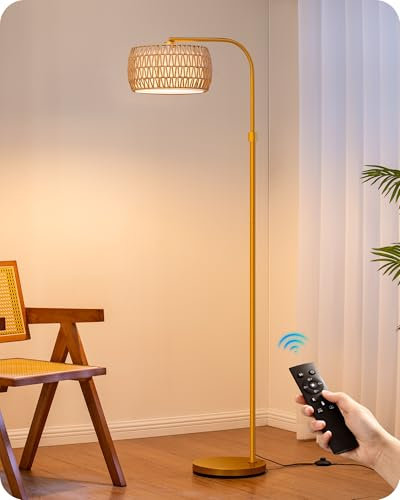 EDISHINE Lampada da Terra, Lampada ad Arco con Paralume Doppio, 2700K a 6000K, Dimmerabile Continuamente con Telecomando e Pedale, Lampadina LED E27 Inclusa, Lampada Boho per Camera, Ufficio, Oro