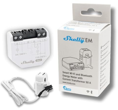 Shelly EM Gen3 + Pince 50A – Medidor De Energía Inteligente Con Una Pinza Ampérmetrica, Monofásico A 2 Canales, Wi-Fi y Bluetooth, Con Interruptor Integrato, Temporizador, Control De App
