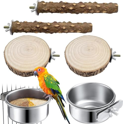 6 Stück Natur Sitzstangen Set für Vögel,Edelstahl Vogel Futternapf zum Einhängen,Vogelkäfig Zubehör,Sitzstangen für Wellensittiche, Edelstahlschüssel Mit Ständer,für Wellensittich Kanarienvogel