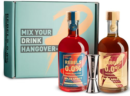 REBELS 0.0% Alkoholfreier Dolce Spritz + Sweet Amaretto-Geschenkset I Inkl. Messbecher I Perfekt für alkoholfreie Cocktails & Mocktails I 2x500ml I Vegan, Hochwertige Schweizer Qualität I likör