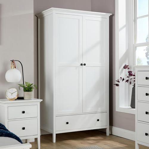 Home Source Bedroom 2 Door 1 Drawer Wardrobe, Clothes Hanging Rail, Storage Shelf, White