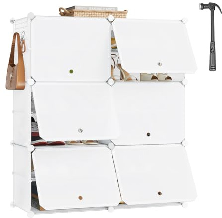 WOLTU Schuhregal 6 Fächern, Schuhschrank mit Türen, für 24 Paar Schuhe Weiß | DIY Schuhorganizer, Shoe Rack Platzsparend mit Hammer und Hacken, aus modularen PP-Platten, für Flur Wohnzimmer Schlafzimmer