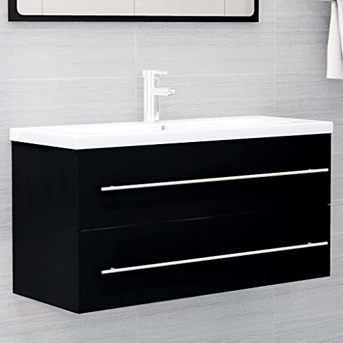 Myheimly Waschbeckenunterschrank mit Einbaubecken, Waschbeckenschrank mit viel Stauraum, Waschtisch Waschbecken Wandmontage ohne Wasserhahn,Schwarz,100 x 38.5 x 48 cm