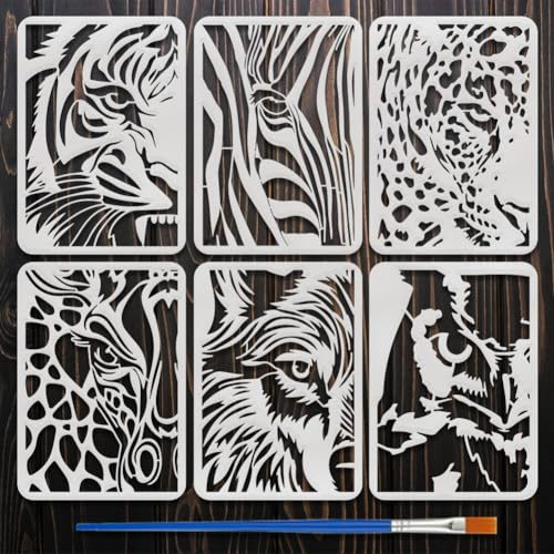 FINGERINSPIRE 6 st kikar på djurstencil med 1 st målarpensel 21 x 29,7 cm vilda djur stencil tigrar zebror leoparder giraffer vargar ugglor mönster mall för gör-det-själv konst hantverk hem väggdekor