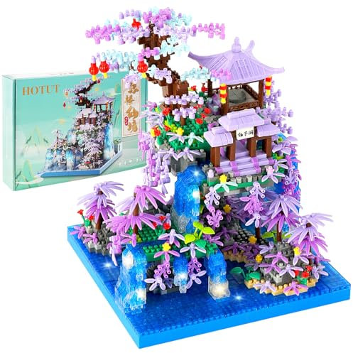 HOTUT Cherry Blossom Tree House Micro Building Blocks Set, 2436 Pcs Sakura Tree Building Set with LED Light, Peach Blossom Pond Flowers Bricks Architecture Model Toy, Gift for Kids Adults