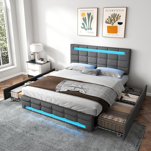 Gxffipw 4ft6 Double Bed Frame with 4 Storage Drawers and LED Lighting, Upholstered Storage Bed 135x190 cm with Button Tufted Headboard, No Box Spring Needed, Easy Assembly, Linen, Grey, No Mattress