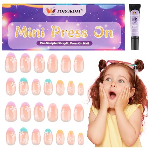 TOROKOM Kids Fake Nails with Nail Glue - 26 Pieces Press on Nails for Kids, Full Cover Short False Nails for Girls for Birthday, Party, Christmas (Nude Flower)