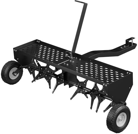 ouluu 48 Lawn Aerator Tow Behind, Pull Behind Aerator with Universal Hitch, 32 Galvanized Steel Tines, Tray and Pneumatic Tires, Plug Behind Aerator is Suitable for Gardens, Lawns and Farms