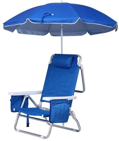 Blue Backpack Beach Chair with Cooler and Umbrella, Cup Holder for Outdoor, Camping, Travel, Picnic