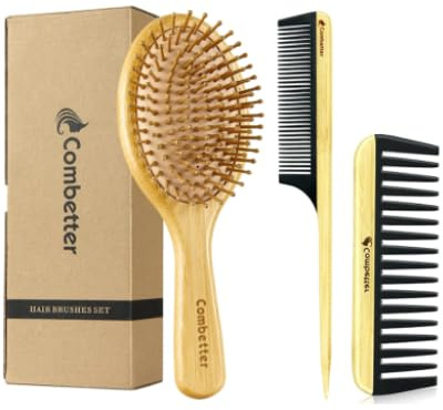 Set di spazzole per capelli in bambù, spazzola districante in legno naturale, ecologica e bachelite resistente, pettine a denti larghi e pettine a coda di topo per donne, uomini, bambini