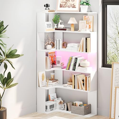 Saitedudu 5 Tiers Bookshelf With LED Light,Wooden Corner Bookcases,L-Shaped Bookshelf Storage Display Cabinets for Home Office, Living Room, Bedroom (White)