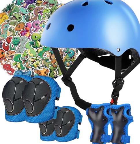 Kids Bike Helmet Set,CPSC Certified with Knee Elbow Wrist Pads Guards,Toddler Adjustable Black Helmet for Ages 2-3-5-8 Girls Child,Sports Protective Gear Set for Bicycle Skate Scooter Blue