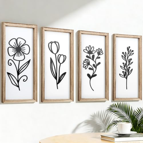 YiYa 4 Stück Holz Wanddeko 3D Blumen Wanddekoration Weiß Boho Wand Deko | Holz Modern Wanddeko Wohnzimmer 3D-Blumenmuster & Holzrahmen für Auch als Geschenk zur Einweihungsfeier Geeignet
