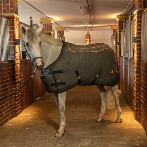 SUNRIDE Heizdecke für Pferde - Therapiedecke - 3 Wärmestufen - effektive Kontaktwärme - Premium Wolle - isolierter Rückenbereich - mit Eremit Akku und Ladekabel - unterstützt PSSM und MIM (105cm)