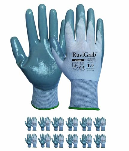 Ruvigrab - Guante de Trabajo de Nitrilo, Guantes Anti-Grasas y aceites, Guantes jardineria, Guantes para Trabajos de Construcción o Agricultura, Guantes Trabajo Hombre y Mujer