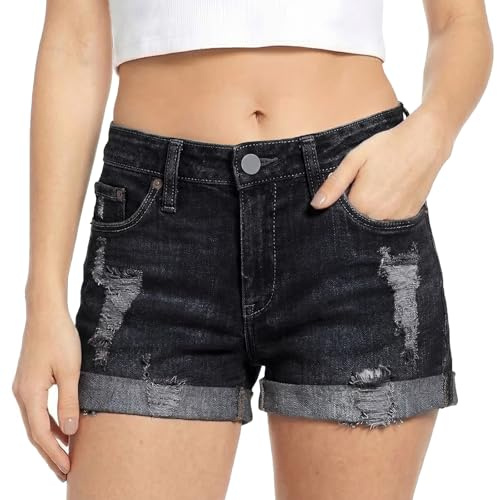 viiotu Short en Jean Femme Taille Moyenne Déchiré Destroy Extensible avec Poches Ourlet Rouloté Short Jean Femme été