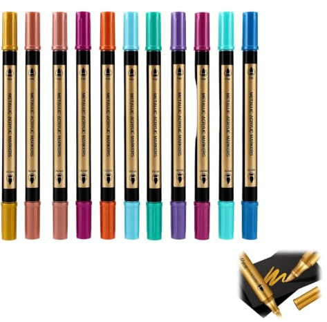12 stycken metalliska märkpennor-set, metalliska akrylpennor, dual tip metalliska akrylpennor vattentäta, 12 färger metalliska märkpennor set, glitterpennor vattentäta akrylpennor