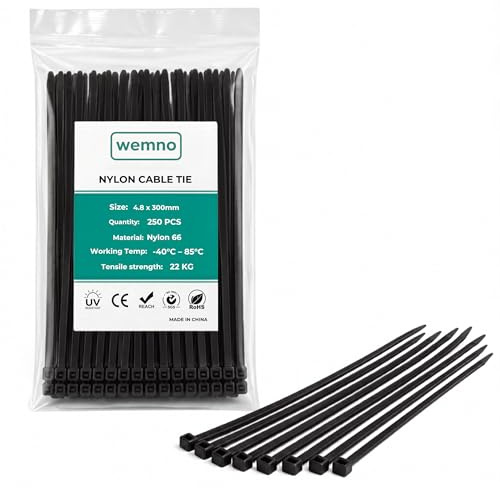WEMNO Black Cable Ties 4.8×300mm Pack 250 | PA66 Nylon | UL94 V-2 Flame Retardant | BS EN IEC 62275:2019 Certified | Halogen Free | UV Stabilised | Electrician & M&E Grade
