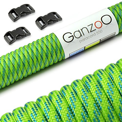 Ganzoo Set Paracord 550 Seil mit 3 x Klickverschluss 3/8“ 10mm Gurt, 4mm Schnur, 7 Kernstränge, Nylon - Polyester, Typ 3, 30 Meter, Outdoor-Schnur, Allzweckseil, Armband knüpfen, basteln
