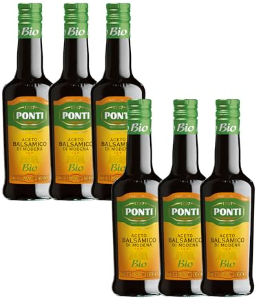 Ponti, Aceto Balsamico di Modena I.G.P. Bio, Aceto Biologico dal Profumo Intenso e Fragrante, Sapore Equilibrato, Ideale per Cani Rosse Curde e Cotte, 100% Made in Italy, Set 6 bottiglie da 500 ml