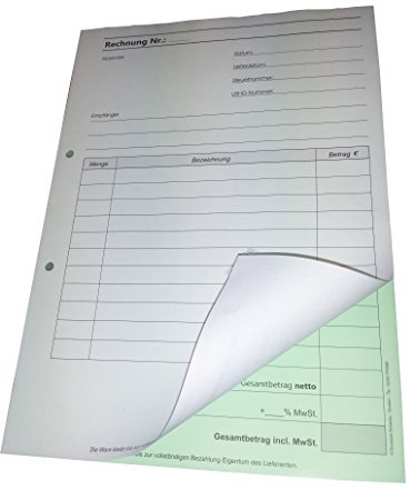10x Rechnungsblock Block Rechnung DIN A5, 2-fach selbstdurchschreibend,2x50 Blatt weiß/grün - gelocht (22434)