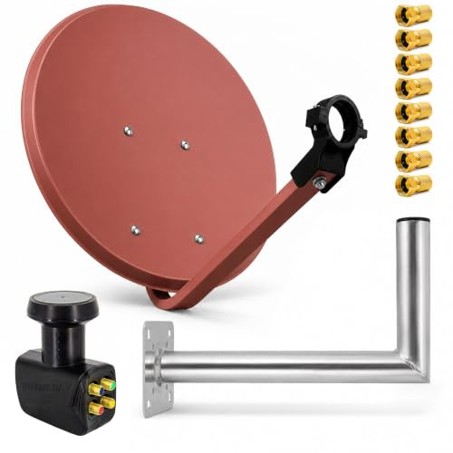 PremiumX Satelliten-Komplettanlage 80cm Satellitenantenne Ziegelrot Satellitenschüssel Quad LNB Wandhalter 45cm, SAT 4 Teilnehmer