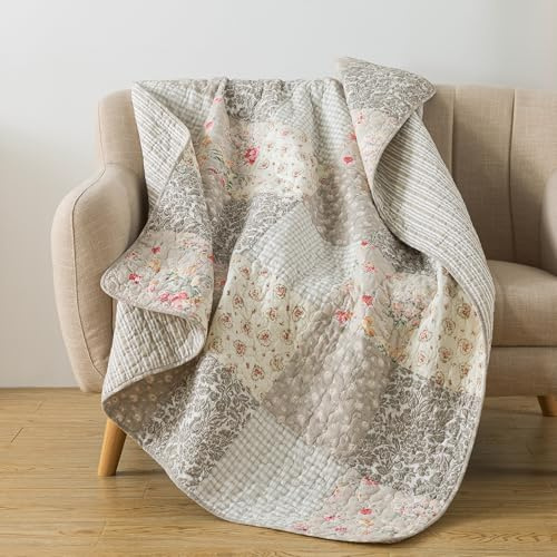 SLPR Cotton Quilted Throw Blanket, 50 x 60 Floral Farmhouse Patchwork Quilt, Shabby Chic Patchwork Throw Lap Quilt for Couch, Walk in The Cotswolds