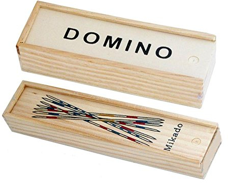 HAC24 Spiele Set Domino & Mikado in Holzschachtel Dominosteine Mikadostäbe Spiel