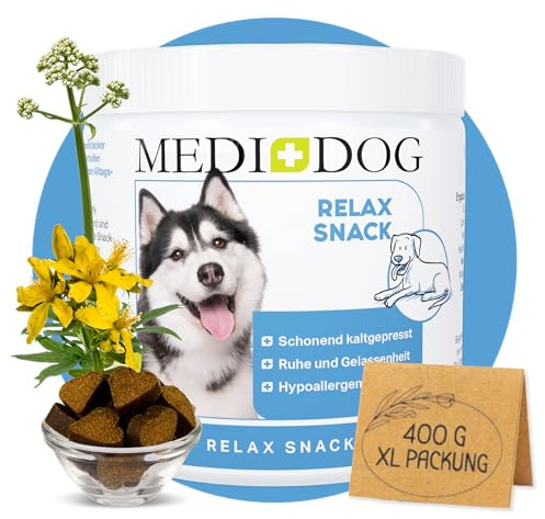 MEDIDOG Relax Snack – 400 g – kaltgepresste Drops, das Beruhigungsmittel für alle Hunde bei Angst, Stress und Nervosität – mit Baldrian und L-Tryptophan