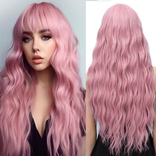 YEESHEDO Peluca Larga Rosado Ondulada Largo Ondas Naturales con flequillo Pelucas para mujer, Vida diaria Cosplay Fiestas Halloween Navidad Rosa Wig 28 (Rosado)