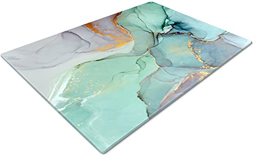 Glass Chopping Board | Kitchen Worktop Protector | Multifunctional Cutting Board | Work Top Savers | Kitchen Accessories | Extra Large | Marble Effect Teal White Gold