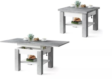 All4All Multifunktionaler Couchtisch Claris - Wohnzimmertisch Kaffeetisch – kompakte Größe - 130x75 cm – Höhenverstellbar – platzsparend – Beton + WEIß 05