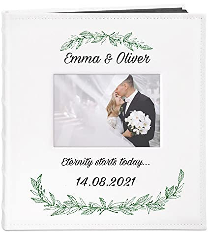Maverton Photo Album for couples- White cover with a photo frame and a stylish print - 60 black pages to fill in - Up to 240 images in multiple size - Personalised wedding gift - olives