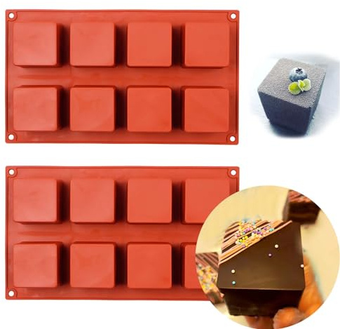Large Square Silicone Molds, 2 Pack Candy Cake Mould, 8-Cavity Chocolate Molds for Baking Mousse Cake Dessert Cheesecake Pop Truffle Caramels Jelly Brownie for Party