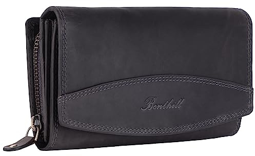 Benthill Damen Geldbörse Leder XXL - Großes Portemonnaie mit RFID Schutz - Echtleder Vintage Damenbörse inkl. Geschenkbox, Farbe:Grau