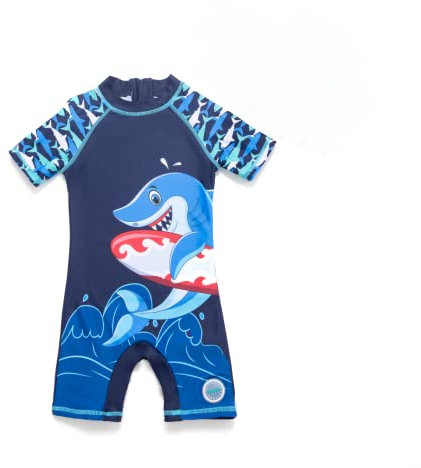 BONVERANO Bañador de una Pieza para bebé recién Nacido, Mangas largas, protección UV 50+, bañador con Cremallera(Azul-tiburón,6-9meses