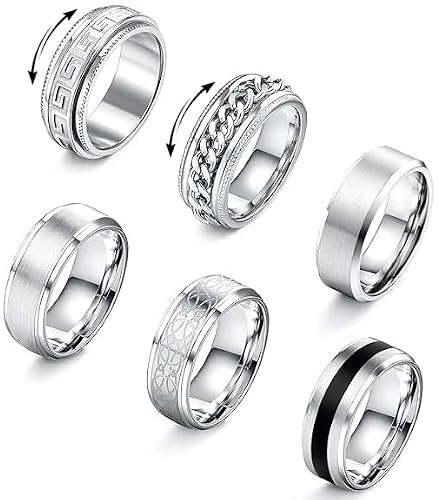 Adramata 6Pcs Bague Homme Acier Inoxydable 316L Vintage Celtique Anti Stress Femme Fiançailles Mariage Argent 8mm
