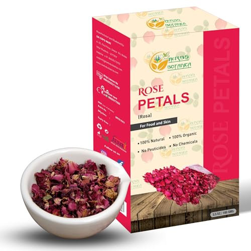 Herbs Botanica Dried Rose Petals Organic Edible Perfect for Tea, Potpourri, Bath Bombs, Beauty Products, Resealable Bag for Freshness and Longevity Non-Toxic, Chemical-Free, 100% Non GMO 3.6 oz