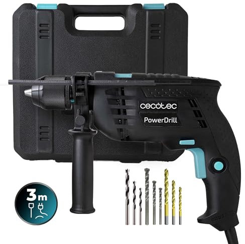 Cecotec Perceuse Électrique à Percussion PowerDrill 850 EasyAdjust. 850W, 46000 impacts par minute, 4800 tr/min, Câble extra-long de 3m, Mandrin sans clé de 13mm de diamètre, Entièrement équipée.