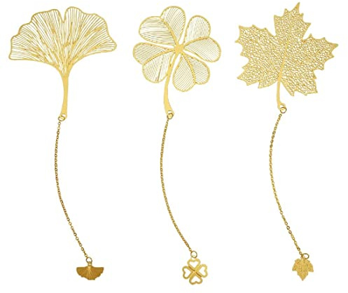LICHUANUK Metal Marque-Page Pendant Bookmark, 3 Feuille et Fleur Marque Page, Special Signets Marque-Pages Set est un Cadeau Pratique et Créatif pour Enseignants,Lecteurs,Etudiants,Amis,Or