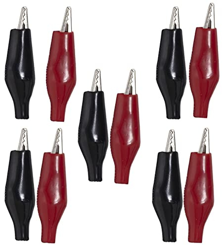 AЕRZETIX - C66038 - Lot de 10 Pinces/fiches crocodiles d'alimentation - longueur 35 mm - 5 rouges (positif) et 5 noires (négatif) - pour équipement de test et mesure