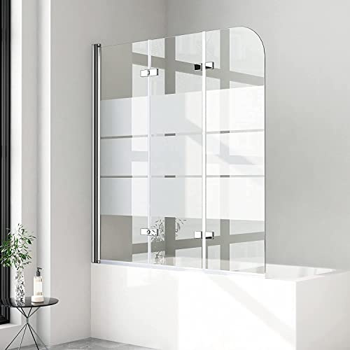 Duschwand für badewanne 140x140cm 3-teilig Faltwand für Badewanne, Milchglas Gestreift 6mm ESG Glas Duschwand Badewannenaufsatz Duschtrennwand Duschabtrennung