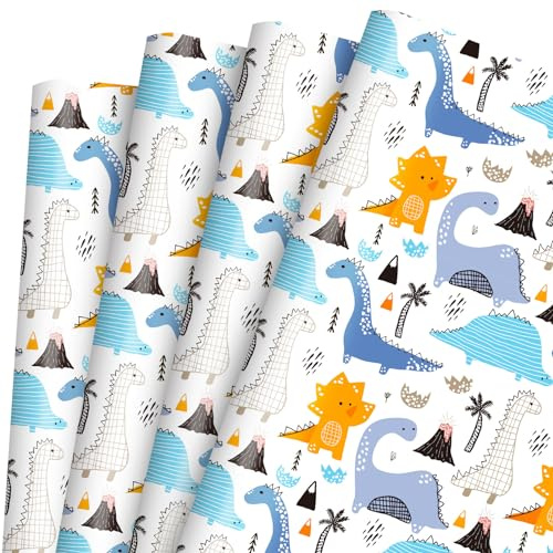 JarThenaAMCS 6 Blatt Dinosaurier-Geschenkpapier, keine Rolle, lustiges Geschenkpapier, niedliches Cartoon-DIY-Kunstpapier für Babyparty, Geburtstag, Festival, Urlaub, Party, 50 x 70 cm, flach gefaltet