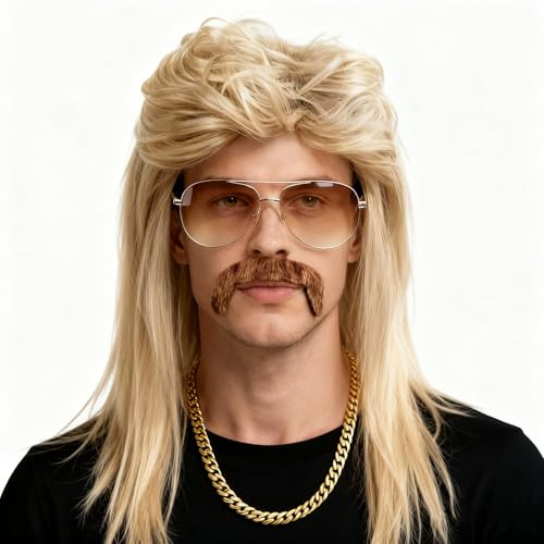 5er Set Vokuhila Perücke 80er 90er Jahre Outfit Accessoires Herren Blond Perücken Wig,80er Jahre Outfit Herren Männer Karneval Fasching Perücke