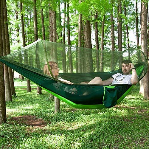 Hamaca de Viaje Portátil Doble para Acampar con Mosquitera, Cama Cómoda y Transpirable, Nailon de Paracaídas, Fácil Instalación, Diseño Liviano y Compacto (Verde