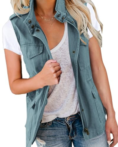 Imily Bela Gilet Cargo Court sans Manches pour Femme avec Poches et Cordon de Serrage