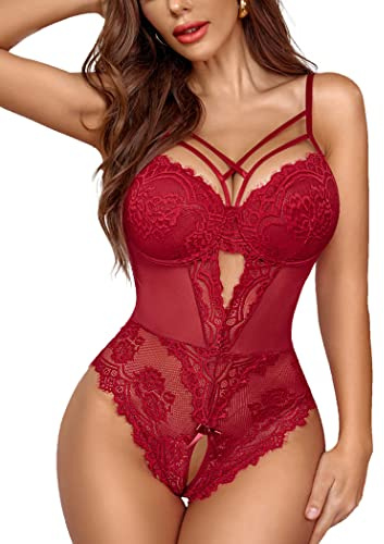 Avidlove Dam spets body sexig sexiga underkläder korsett underkläder curvy bodysuit teddy one piece underkläder, Vinröd, L